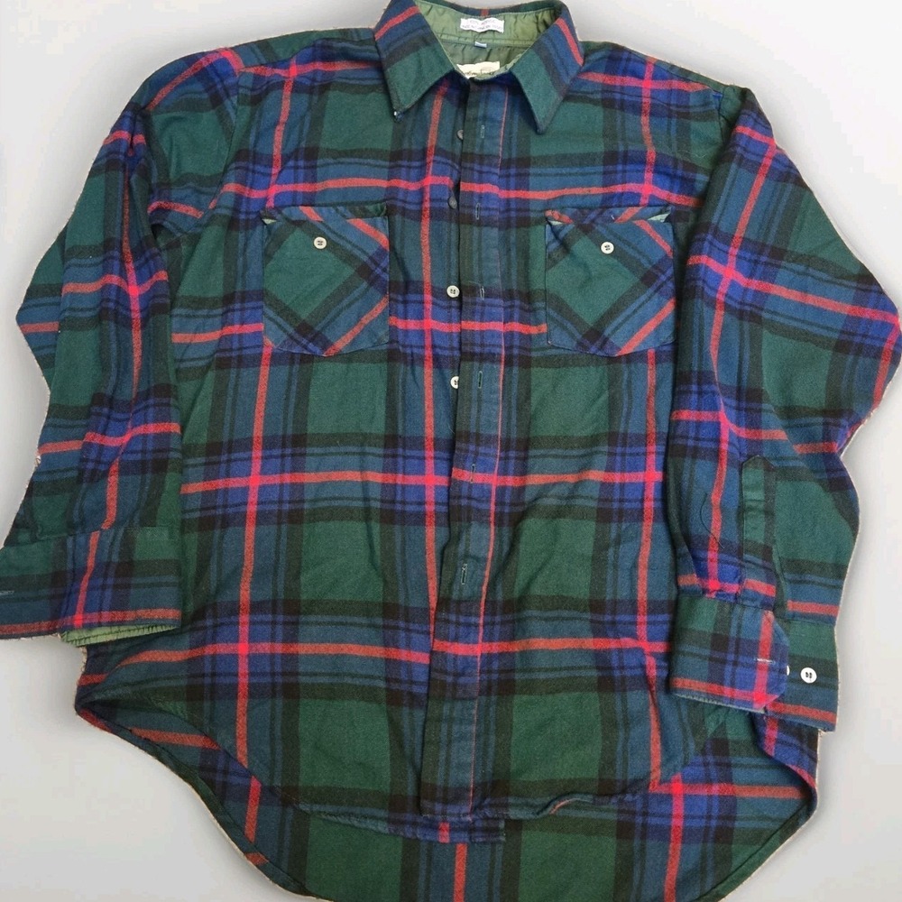VTG Windbreaker Kelly Green Flannel Button Up Size L MENS Granola